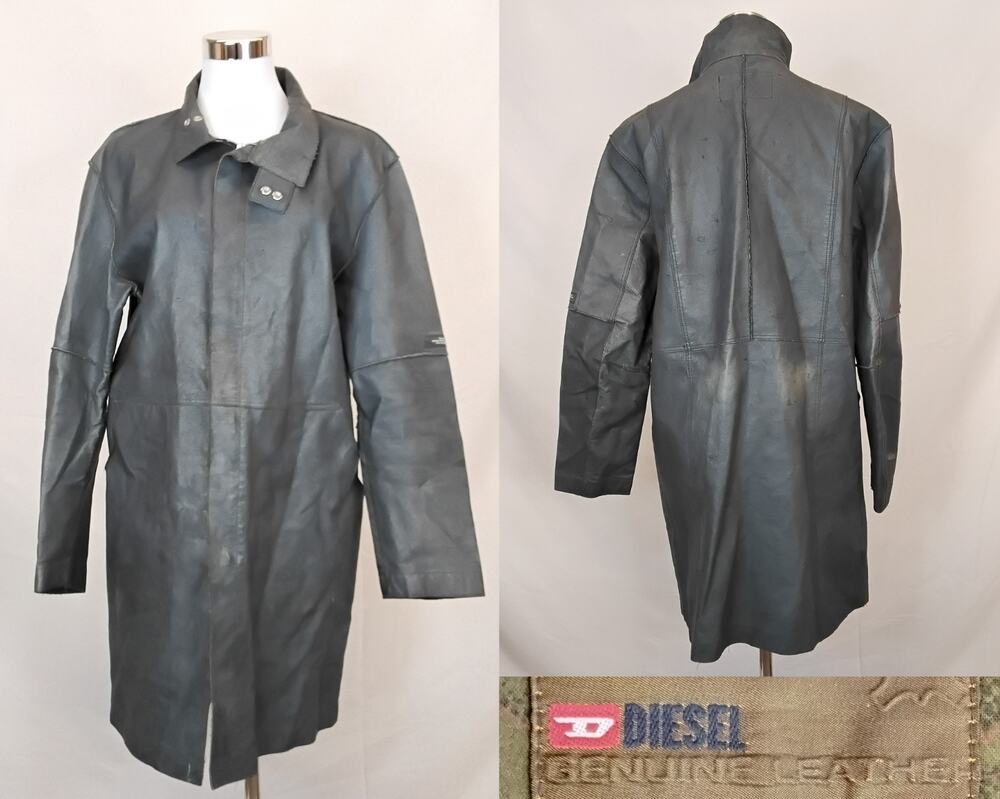 Vintage Diesel Leather Trench Coat Women M Grey Pockets Snap Button Collar#J5981
